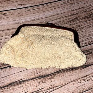 Vintage Women's Small Beige Crocheted Handbag Lucite Handle . Snap Close